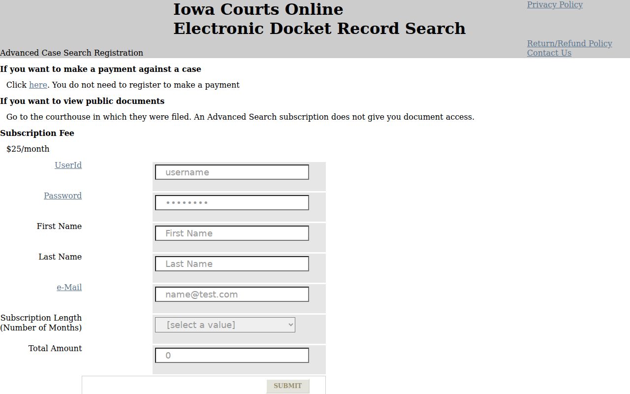 Iowa advanced court registration for Crawford County case lookup