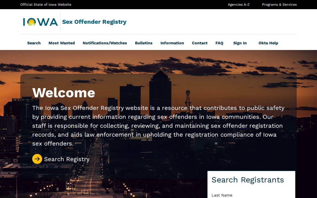 Crawford County sex offender lookup on the Iowa registry home page